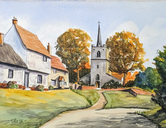 English Village Church - inspired by Charles Evans (watercolor painting)