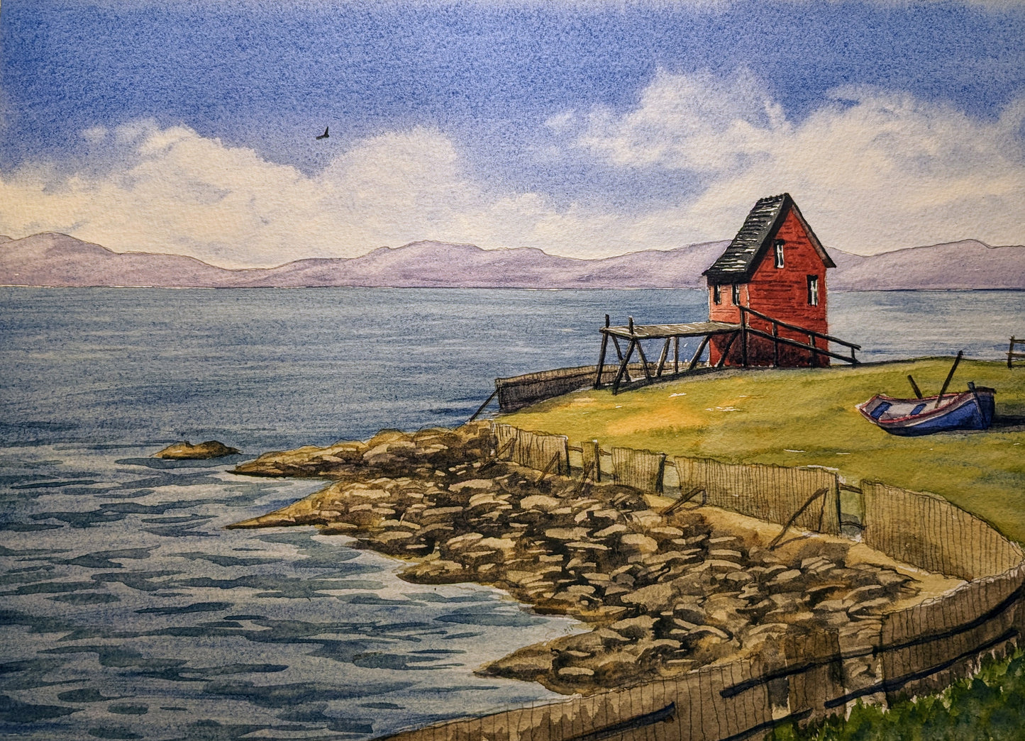 Red Fishing Stage, Bonavista, Newfoundland (watercolour painting)