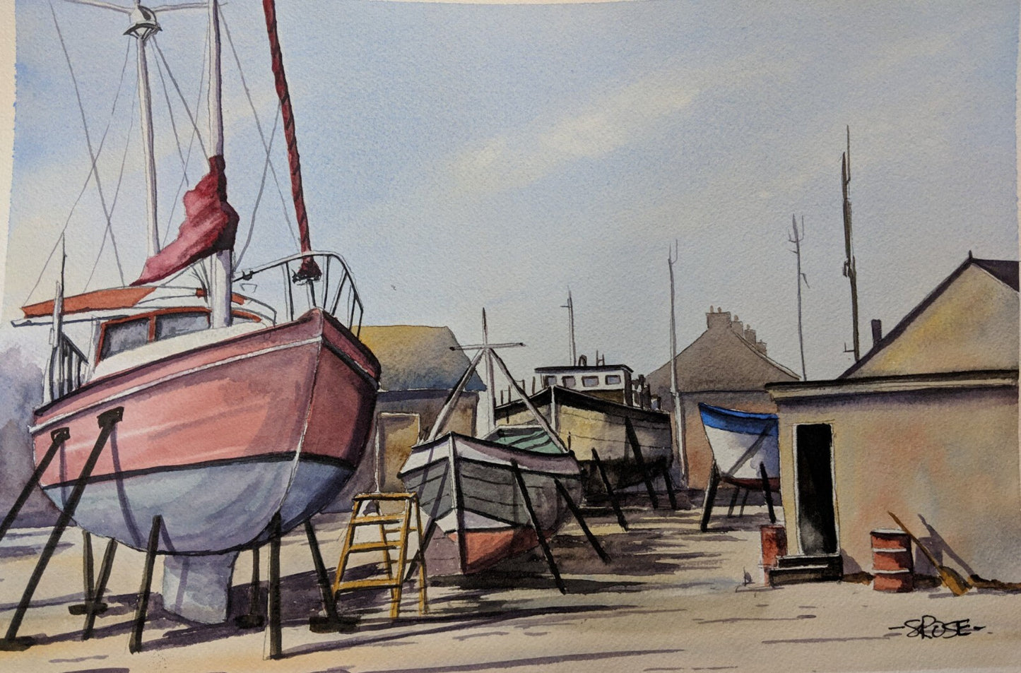 Boat Yard inspired by Charles Evans (watercolor painting)