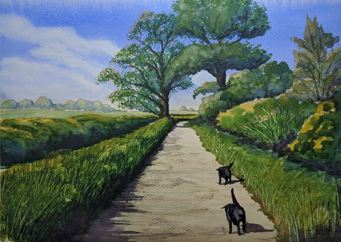Stroll with the Dogs (original watercolor painting)