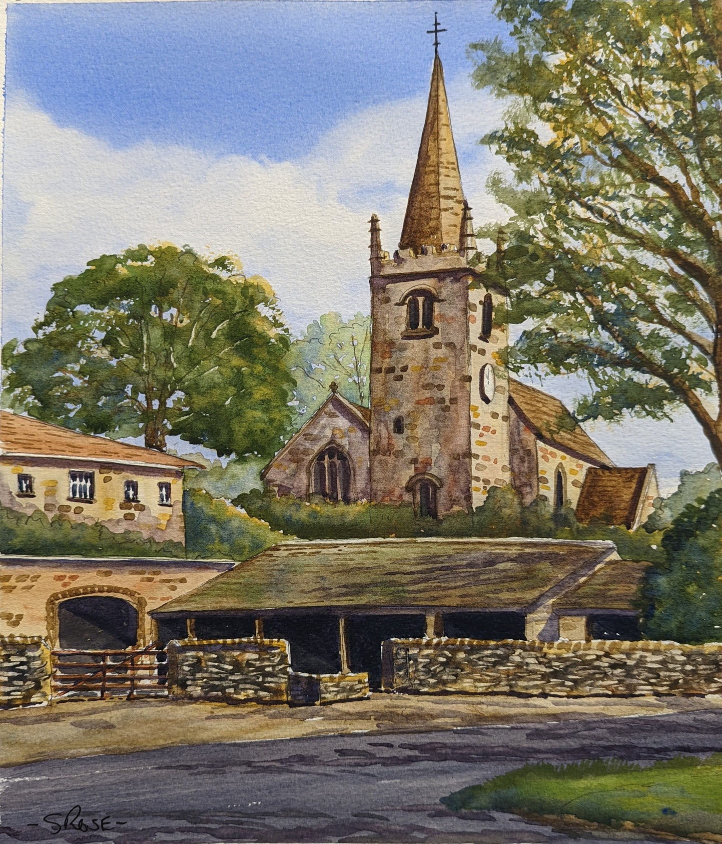 English Church Village (original watercolor painting)